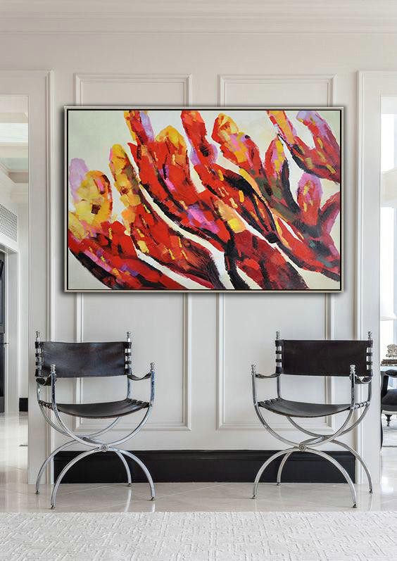 Large Abstract Art Handmade Oil Painting,Oversized Horizontal Contemporary Art,Huge Canvas Art On Canvas,Red,Yellow,Purple,Black.etc